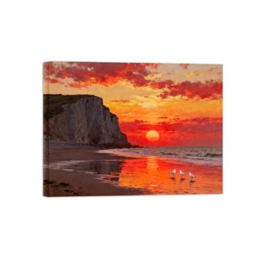 Imagem de Quadro em tela paisagem sol praia mar nuvens alaranjadas Arte parede costeira para sala de estar Pintura paisagem pronta para pendurar 60x80cm24x31in