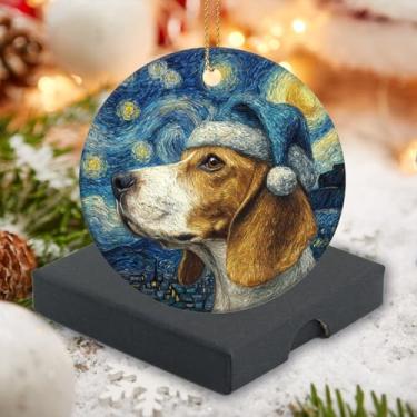 Imagem de Enfeites de Natal 2025 Enfeites de cerâmica redondos, estilo noite estrelada, um beagle hound usando chapéu de Natal, presente para amigos da família, festa de Natal feliz 7,6 cm