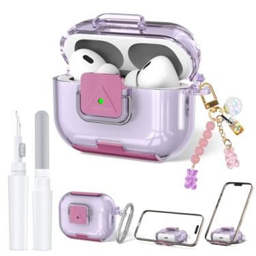 Imagem de Capa com trava de segurança para Airpods Pro 2 com suporte de telefone, capa protetora de TPU transparente à prova de choque compatível com Airpod Pro 2 para mulheres com chaveiro/caneta limpa (roxa)