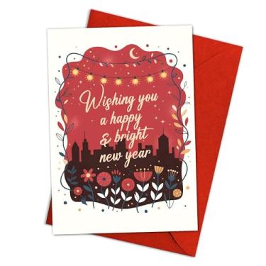 Imagem de Wishing You a Happy and Bright New Year Card Colorful City Skyline Design Festivo Floral Holiday Greeting for Friends Family Coworkers Alegre Ano Novo 2026 Cartão 14 x 20.3 cm Dobrado com Envelope