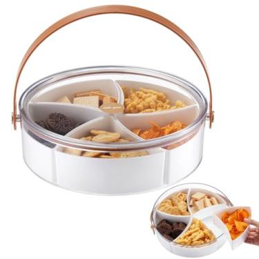 Imagem de Bandeja de lanche dividida portátil com alça e tampa, organizador de 5 compartimentos para frutas, doces, nozes, aperitivos, armazenamento transparente de alimentos para eventos