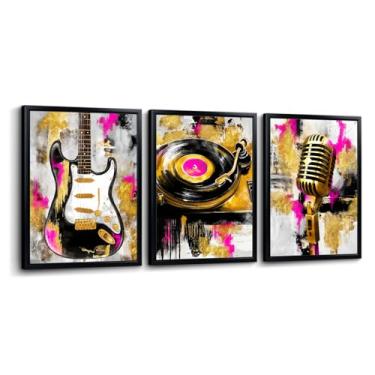 Imagem de sechars Conjunto de arte de parede de música moderna, impressões de pintura de disco de vinil de guitarra e microfone de 3 peças, decoração de parede ouro preto e rosa, 30,5 x 40,6 cm x 7,5 cm