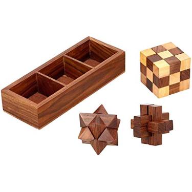 Imagem de TOSQP27 Wooden Brain Teaser Puzzle Set for Adults & Teens – 3-in-1 Interlocking Burr, Snake Cube & Star Puzzle with Handmade Wooden Storage Box – Mind Challenge Logic Game Gift