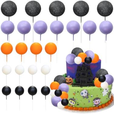 Imagem de Gyufise 50 peças de topo de bolo de bola, mini balões, decoração de bolo, bolas de espuma, topos de bolo para tema de Halloween, chá de bebê, artigos de festa de aniversário, roxo, preto, laranja