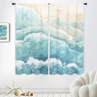 Imagem de Riyidecor Cortinas onduladas de praia, oceano, azul-petróleo, bonito, náutico, mar, litoral, abstrato, moderno, minimalista, bolso para varão, verão, tropical, quarto, sala de estar, tratamento de