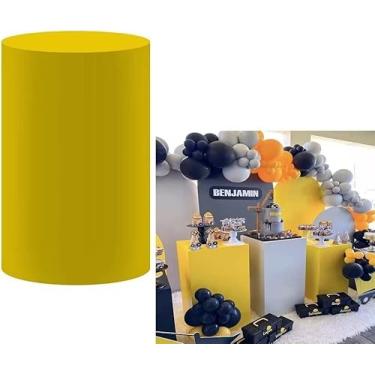 Imagem de FiVan Capa cilíndrica amarela escura para festa de aniversário de bebê recém-nascido chá de bebê batismo comunhão batizado capa elástica para decoração de pedestal