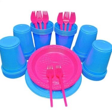 Imagem de Kit 300 Itens Festa Aniversário Descartáveis Plástico Colorido Perolado 100 Pessoas Completo Pratinho Garfinhos Copos (Azul Bebe Pink)