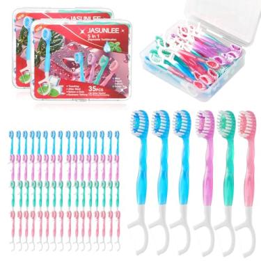 Imagem de JASUNLEE Pacote com 70 mini escovas de dentes descartáveis com pasta de dente, raspador de língua, fio dental, 5 em 1, escova de dentes portátil pré-colada para viagem, para crianças e adultos