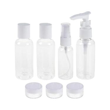 Imagem de Kit de Viagem 7 Peças com Nécessaire, Frascos com Bomba e Spray 80ml, Potes 15g, Material PVC Transparente para Cosméticos, Shampoo e Perfumes