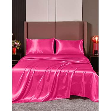 Imagem de Conjunto de lençóis de cetim luxuoso macio e sedoso de qualidade de hotel Cloud Fino com 4 peças, resistente a rugas e desbotamento, hipoalergênico, respirável, durável e confortável jogo de cama!! !, Hot Pink, California King