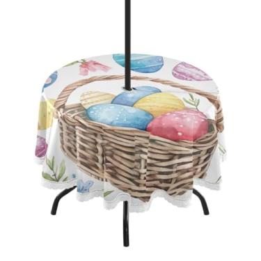 Imagem de Blueangle Toalha de mesa redonda impermeável com ovos de Páscoa de 152 cm com orifício para guarda-chuva - Tecido resistente à prova de sol para todos os climas para pátio, acampamento, piquenique(48)