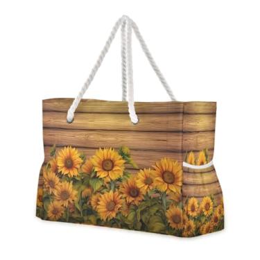Imagem de ATTX Bolsas de Praia Girassóis em Tábua de Madeira para Mulheres - Bolsas de Praia Grandes com Zíper Impermeável À Prova de Areia Saco de Piscina Bolsa Grande #390