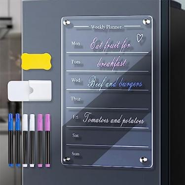 Imagem de Calendário Magnético Transparente para Geladeira Conjunto de Quadro Planejamento Semanal em Branco com 6 Marcadores Borracha Magnética e Porta Canetas