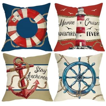 Imagem de Fjfz Capas de almofada decorativas náuticas 45,7 x 45,7 cm, conjunto de 4, boia salva-vidas ancorada na costa da praia, farol leme, corda de alpendre, decoração de casa, cruzeiros marítimos, febre