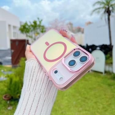 Imagem de Capa magnética transparente com efeito degradê a laser, resistente a impactos, para iPhone 17 Air, 16, 15, 14 Plus, 13, 12, 17 Pro Max e 16e (para iPhone 16e/Rosa)