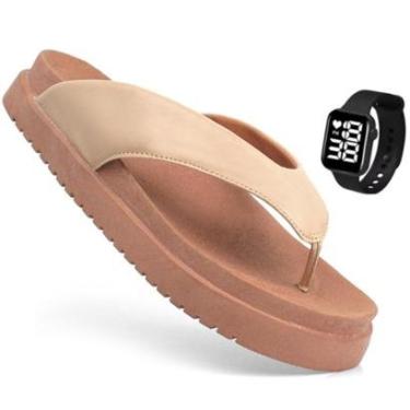 Imagem de Sandália Papete Asa Delta Feminina Chinelo Flat De Dedo Moda Macia Verão Confortável + Relógio-Feminino