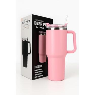 Imagem de Copo Térmico Grande 1200ml de Aço Inoxidável com Alça, Parede Dupla, Tampa com Canudo, Isolamento Térmico, Cilíndrico, Moderno rosa liso