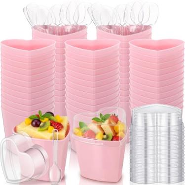 Imagem de Sliner Pacote com 100 copos de sobremesa em forma de coração com tampas e colheres recipiente de plástico para sobremesa de 142 g, mini aperitivo, copos de parfait, recipiente de atirador para festa