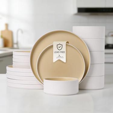 Imagem de MONITO Conjuntos de louça de cerâmica para 4, conjuntos de pratos e tigelas de grés, conjunto de pratos de esmalte reativo, duplo resistente a lascas e arranhões, seguro para micro-ondas e lava-louças