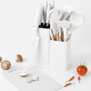 Imagem de Kit 19 Peças, Conjunto de Utensílios de Cozinha em Silicone, Cabo de Madeira, Concha, Faca, Colher, Conjunto Completo (Branco)