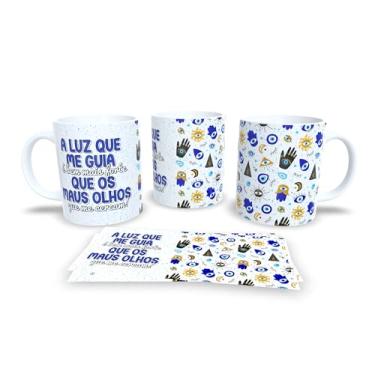 Imagem de Caneca Decorativa com Mensagem Pra Semana, Porcelana Branca, Design Olho Grego, Frase Motivacional em Português, Padrão Círculos Azuis (17368)