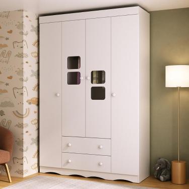 Imagem de Guarda-roupa Infantil 122cm Com Vidro 4 Portas E 2 Gavetas Serena Multimóveis MP4432 Branco