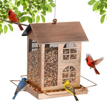 Imagem de Alimentadores de pássaros grandes para ambientes externos, alimentadores suspensos de metal resistente, capacidade de sementes de 2,3 kg, alimentador de pássaros selvagens para jardim, decoração de