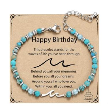 Imagem de QILMILY Pulseira de onda/laço/cruz para mulheres, pulseiras coloridas com contas de pedra natural, presente de amizade exclusivo para melhor amiga, irmã e mãe, presentes de aniversário para mulheres