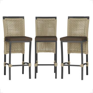 Imagem de 3 Banqueta Em Alumínio Roma Preta Corda Náutica Tecido 9 Rami