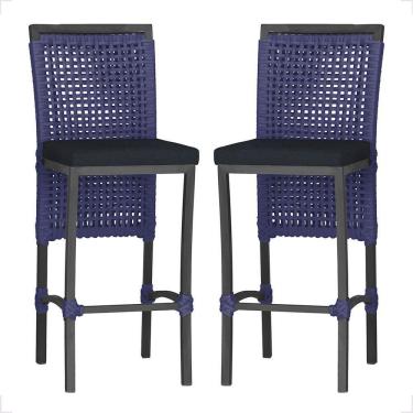 Imagem de 2 Banqueta Em Alumínio Roma Preta Corda Náutica Tecido 12 Azul