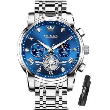 Imagem de OLEVS Relógios masculinos prateados, relógio cronógrafo masculino de aço inoxidável, analógico, quartzo, rosto grande, relógios masculinos luxuosos, à prova d'água, numerais romanos, vestido de