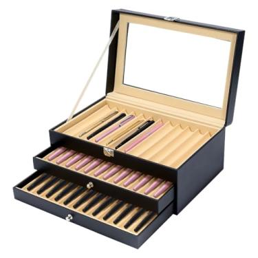 Imagem de PH PandaHall Estojo de couro para exibição de 3 camadas, caixa de armazenamento de caneta-tinteiro com 36 compartimentos, organizador de canetas de madeira com janela de vidro para escritório, casa