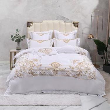 Imagem de Jogo de cama de algodão com capa de edredom, lençol e fronhas, estilo palácio com bordado dourado, 1 unidade, tamanho Queen americano, 7 peças