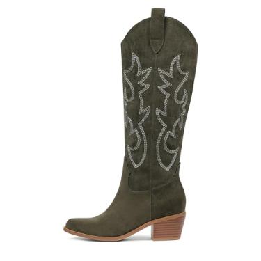 Imagem de MeiLuSi Botas de caubói femininas na altura do joelho, bico fino, salto grosso, sapatos de camurça caubói com bordado, Camurça verde, 38