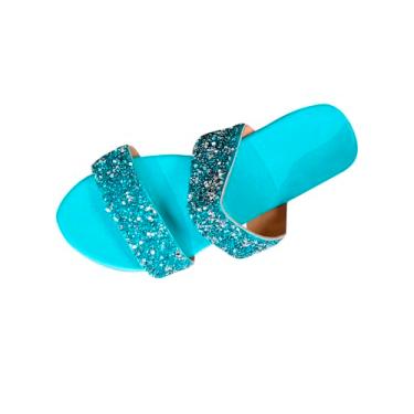 Imagem de Sapatos de praia femininos rasos com lantejoulas e strass para o verão, casual, confortável, sem cadarço, Azul-claro celeste, 38