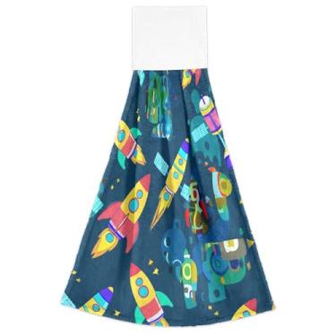 Imagem de Toalhas de mão penduradas para cozinha desenhos animados coloridos foguete azul espaço banheiro conjunto de 2, decorações de cozinha fofas absorventes macias, 18,2 x 14 polegadas