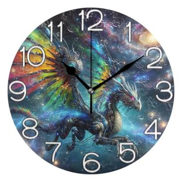Imagem de GAIGEO Relógio de parede analógico decorativo operado por bateria silencioso para sala de aula, relógio de escritório, arte de parede boho, decoração de casa, dragão colorido legal, artístico, 25 cm