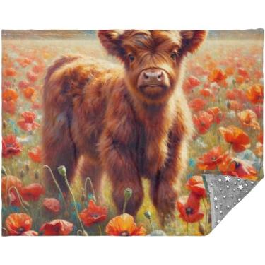 Imagem de TSENQUE Cobertores e mantas de Natal personalizados de vaca Highland com flores de papoula de jardim 177,8 cm x 139,7 cm para sofá xadrez para mulheres