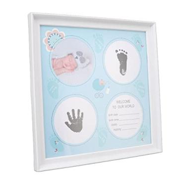 Imagem de GLOGLOW Kit de Pegada de Impressão de Mão de bebê para Porta-retratos, Moldura de Plástico, Lembrança de Memória para Recém-nascidos, 11,4 X 11,4 X 0,7 Polegadas, Inclui Moldura para Fotos, Almofada de Tinta, Cartões de Impressão e Decoração Diária (Azul)