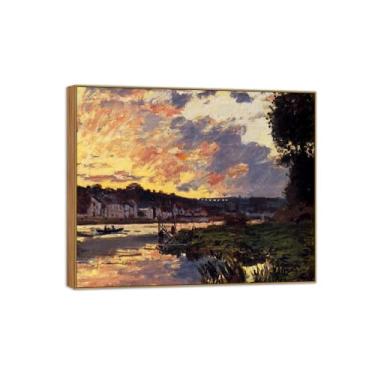 Imagem de BMZFYBS Claude Monet Famosas Impressões em tela de parede prontas para pendurar - Sena à noite - Pintura de moldura de madeira para decoração de sala de estar 90 x 108 cm 35 x 42 pol