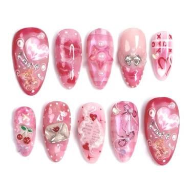 Imagem de Unhas postiças curtas com ponta francesa com design fofo, cobertura completa vermelha e rosa, cola artificial em laço de morango, urso, coração, inverno, unhas postiças, dia dos namorados, para