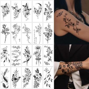 Imagem de 20 peças de tatuagens minimalistas com estampa de borboleta floral preta, festa diária, dia dos namorados, presentes de carnaval, vestido de corpo, flor, braço, ombro, gola, gola à prova d'água