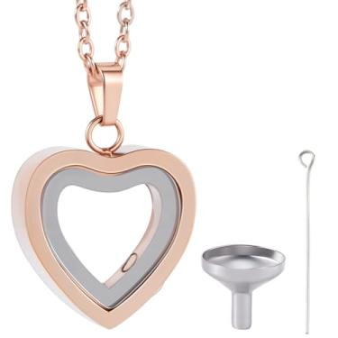 Imagem de CREATCABIN Joias de cremação de vidro de coração para colar de urna de cinzas lembrança joia de cremação mini aço inoxidável ouro rosa memorial urnas pingente com pino de funil para luto família