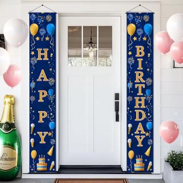 Imagem de BlissYard Banner de porta de aniversário 30,5 x 188 cm decoração suspensa vertical dourado azul letreiro letra feliz poliéster pano de fundo para festa interior exterior painel de porta exibição de