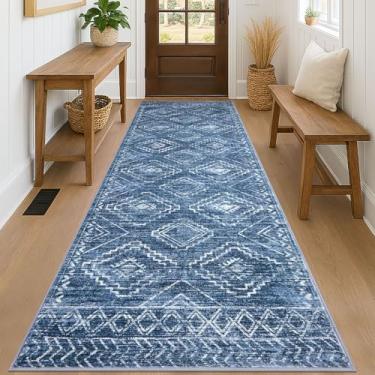 Imagem de KILOCOCO Tapete de corredor de corredor 7 x 20 cm para corredores lavável tapete antiderrapante com revestimento de borracha para quarto, cozinha, sala de estar, lavanderia, tapetes boho, azul marinho