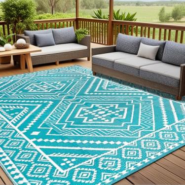 Imagem de Tapete externo para pátio 20 x 25 cm reversível tapete de palha de plástico impermeável para trailer, acampamento, varanda, deck piscina, quintal, praia, trailer, decoração de barraca, azul-petróleo