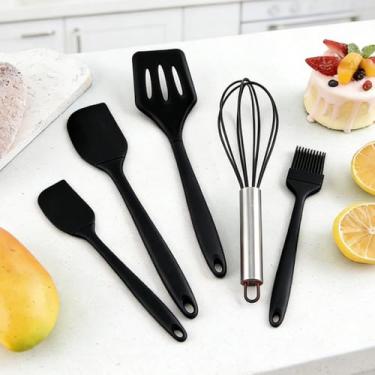 Imagem de Conjunto de espátula de silicone de 5 peças, ferramenta de cozinha não pegajosa, conjunto de utensílios de cozinha, raspadores antiaderentes, para fritar, mexer e servir, preto