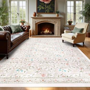 Imagem de GarveeHome Tapetes florais boho para quarto, vintage 20 x 25 cm para sala de estar com pelo baixo, tapete grande lavável com folhas antiderrapantes, 20 x 25 cm, para casa de fazenda, resistente a