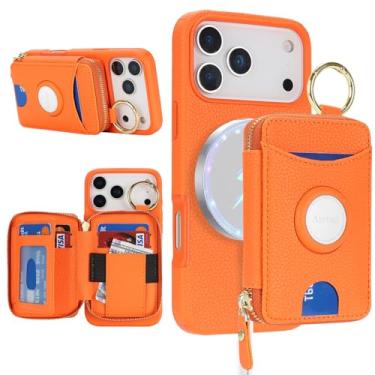 Imagem de Cavor Capa carteira compatível com MagSafe para iPhone 17 Pro Max com suporte para AirTag, 2 em 1 de couro PU, magnético, destacável, porta-cartões, anel com suporte, zíper, capa de telefone para