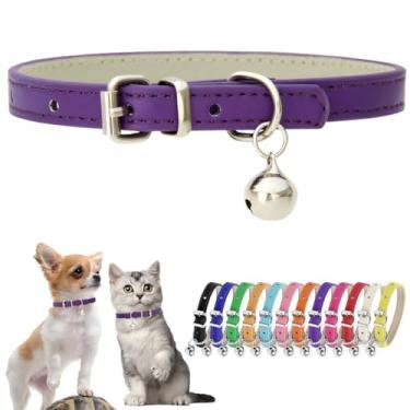 Imagem de Coleira roxa para cães pequenos com sino para coleira de cachorro de couro sintético com sinos ajustável coleira básica para gatinhos meninos meninas coleira para gatos para XXS XXsmal XS XSmall Pets